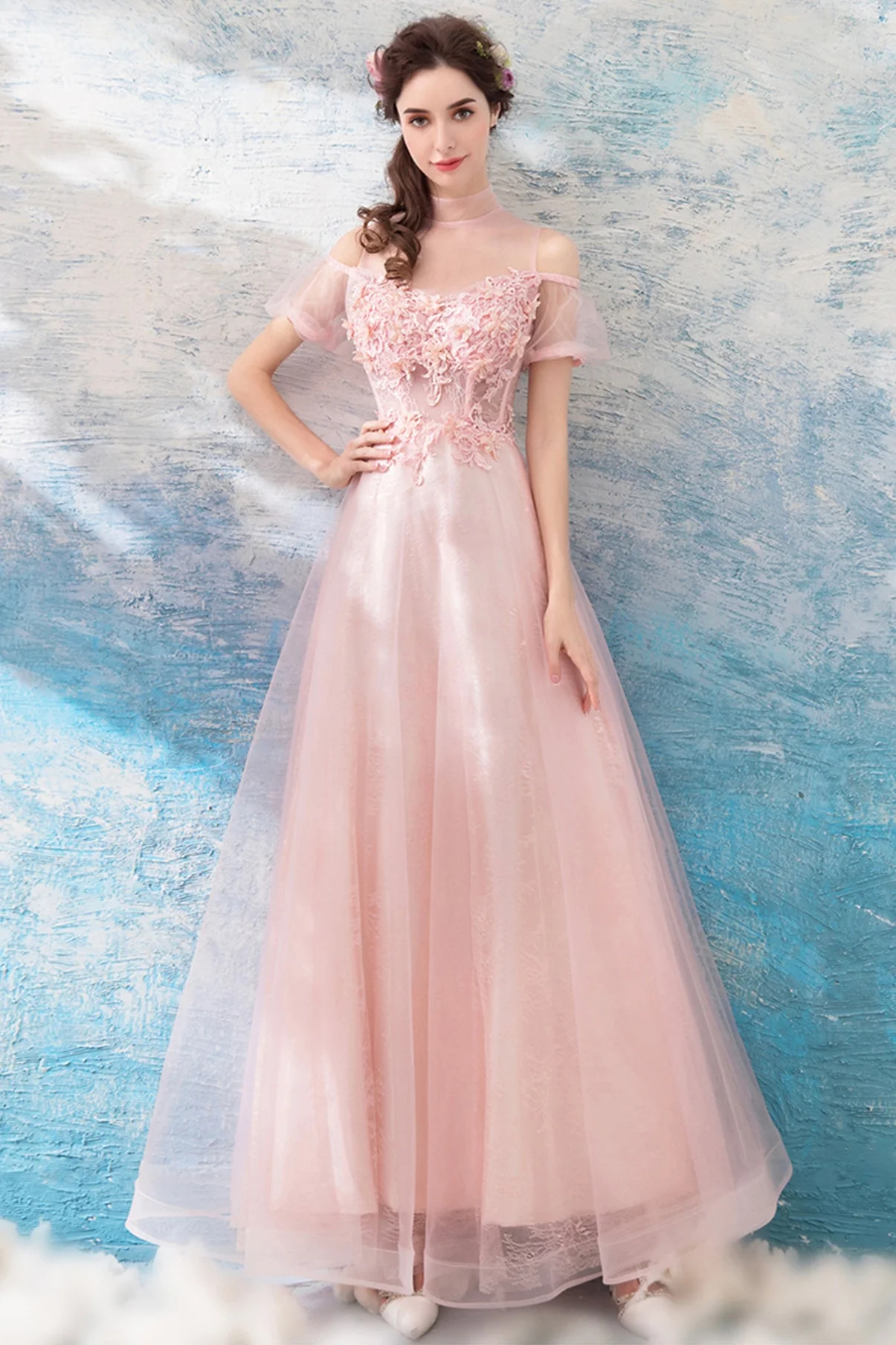 solvbao Pink Lace Long A-Line Prom Dresses, Lovely Pink Evening Dresses - Deanwangkt