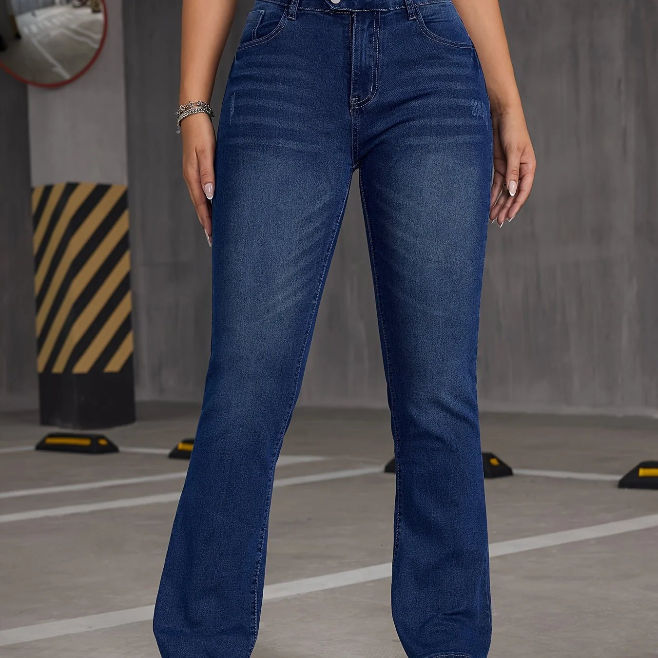 deanwangkt  Asymmetric Button Slant Pocket Bootcut Jeans, Stretchy Washed Blue Whiskering Flare Denim Pants, Women's Denim Jeans & Clothing - Deanwangkt