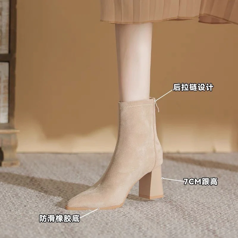deanwangkt Shoes for Women Fashion Zipper Mid Sleeve Boots Autumn Classic Elegant Women's Boots Solid Pointed Toe Single Shoe - Deanwangkt