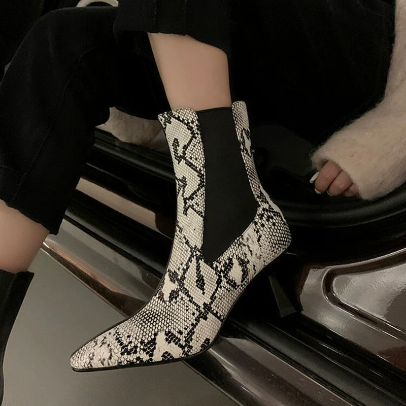 deanwangkt  Autumn Shoes    Autumn Women Boots Pointed Toe Thin Heel Cow Leather Boots Elegant Snake-print Leather Shoes for Women High Heel Boots - Deanwangkt