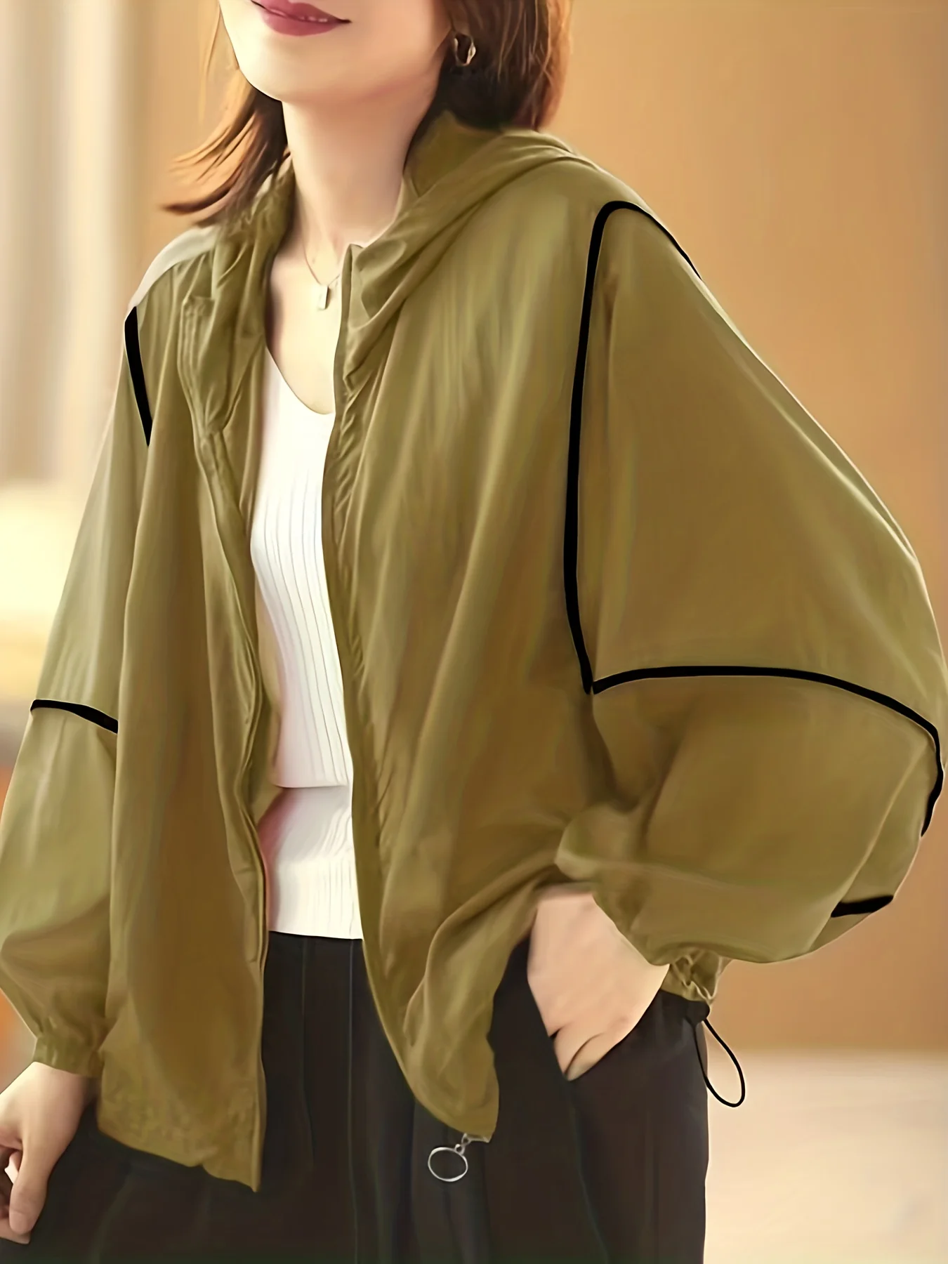 deanwangkt-1 Striped Loose Hooded Jacket, Casual Zip Up Long Sleeve Outerwear, Women's Clothing - Deanwangkt