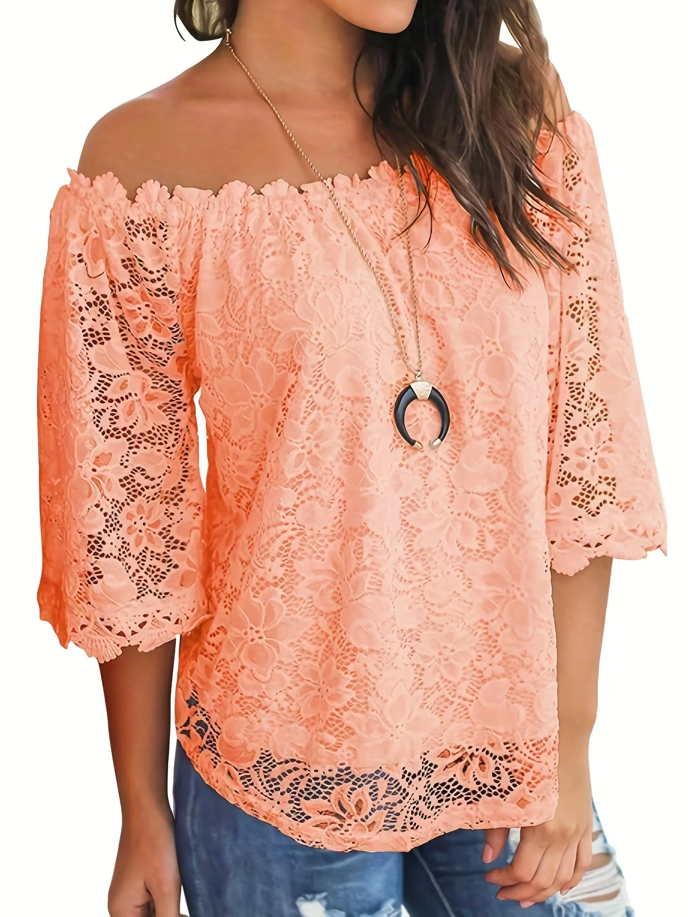 Floral Lace Off Shoulder Blouse, Elegant 3/4 Sleeve Blouse For Spring & Summer, Women's Clothing - Deanwangkt