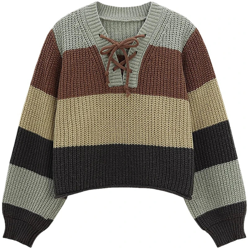 deanwangkt Contrast Lace-Up V-Neck Sweater Ladies Preppy Style Basic Long Sleeve Knitted Pullovers Women  Autumn Loose Knitwear - Deanwangkt