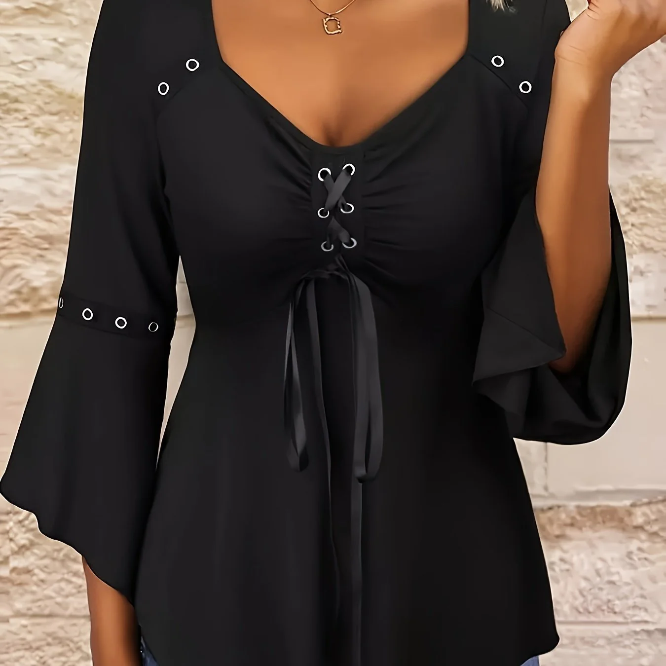 deanwangkt-1 Tie Front V Neck T-Shirt, Casual 3/4 Sleeve Top For Spring & Fall, Women's Clothing - Deanwangkt