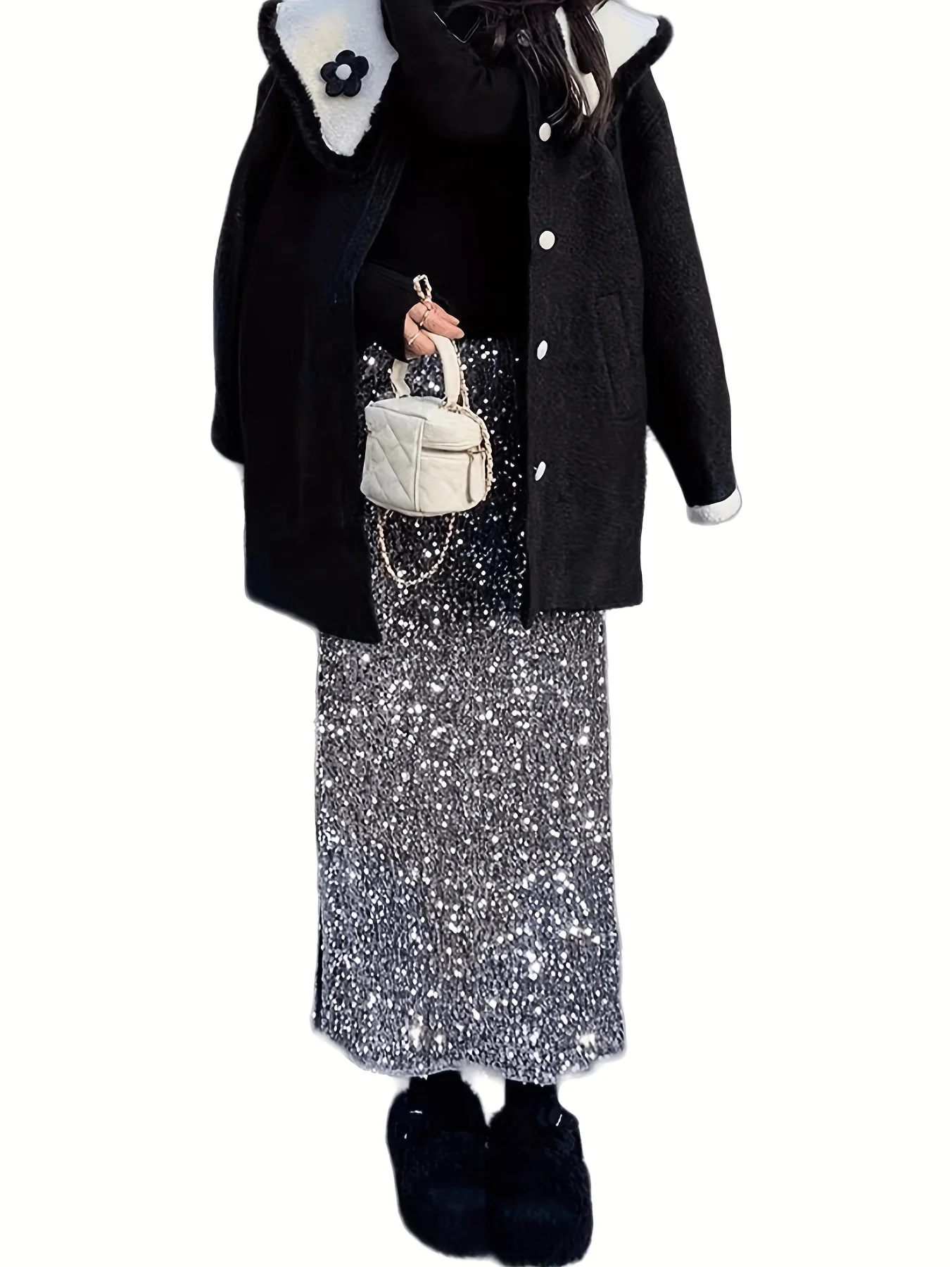 deanwangkt-1 Solid Sequin High Waist Skirt, Casual Elastic Waist Split Skirt, Women's Clothing - Deanwangkt