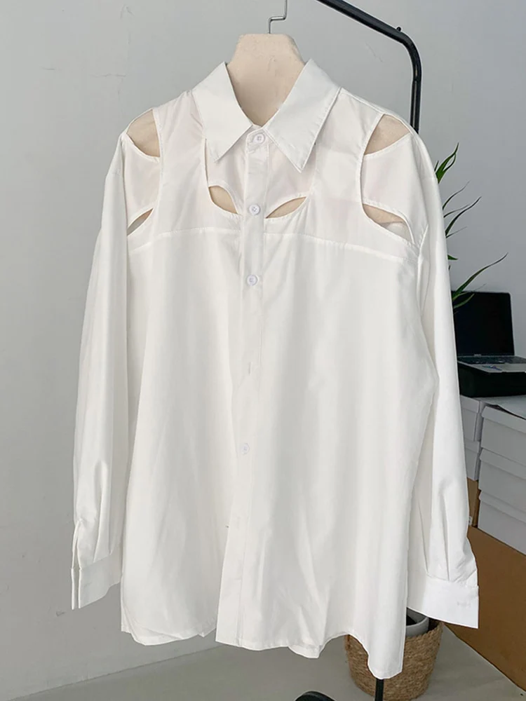 deanwangkt Minimalist Shirt For Women Lapel Long Sleeve Hollow Out Patchwork Casual Loose Blouse Female Autumn Clothing  New - Deanwangkt