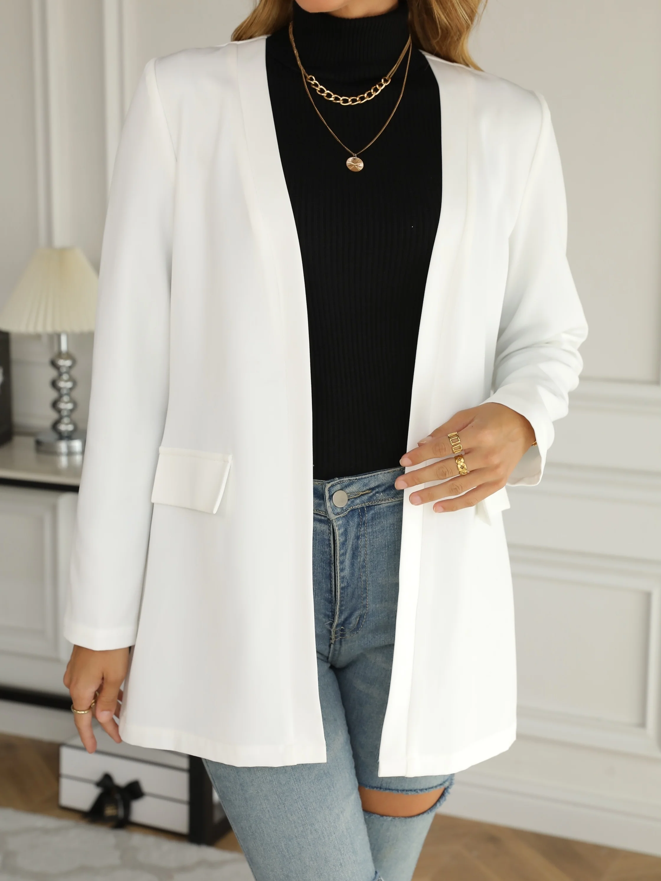 deanwangkt-1 Solid Open Front Blazer, Casual Long Sleeve Work Office Outerwear, Women's Clothing - Deanwangkt