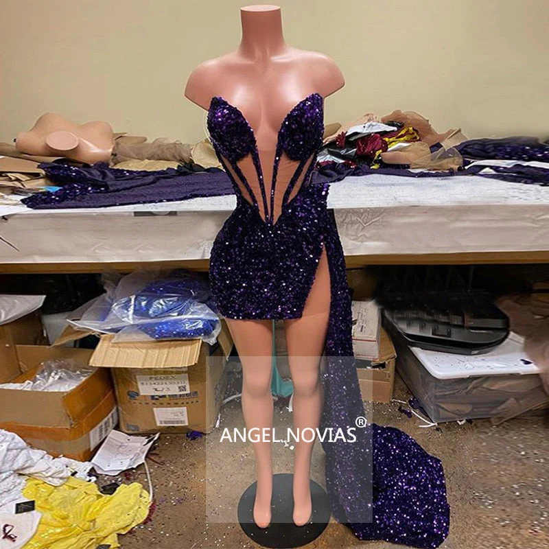 Sexy Sparkly Purple Sequin Prom Dress  Custom Made African Black Girl Short Party Gown - Deanwangkt