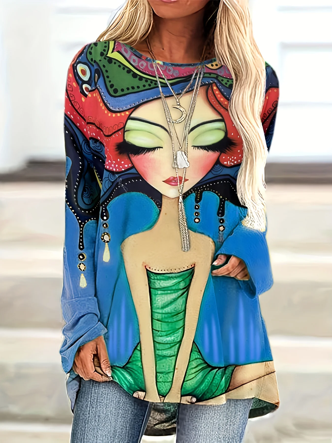 Plus Size Casual Top, Women's Plus Cartoon Figure Print Long Sleeve Round Neck Slight Stretch Top - Deanwangkt