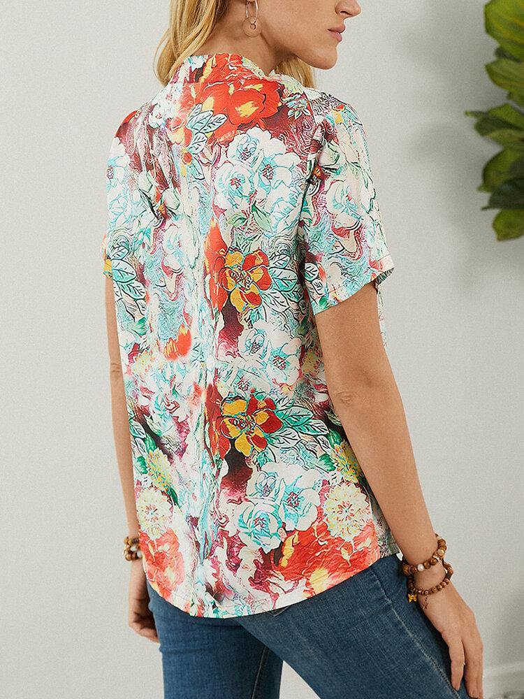 deanwangkt Calico Print Short Sleeve Stand Collar Button Blouse For Women - Deanwangkt