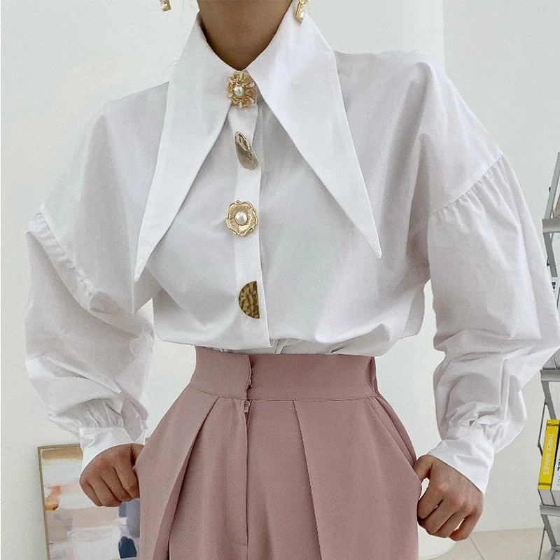 Korean Chic Pointed Neck Single Pearl Button White Shirt Lady Fashion Loose Puff Long Sleeve Blouse Casual Solid Tops for Women - Deanwangkt