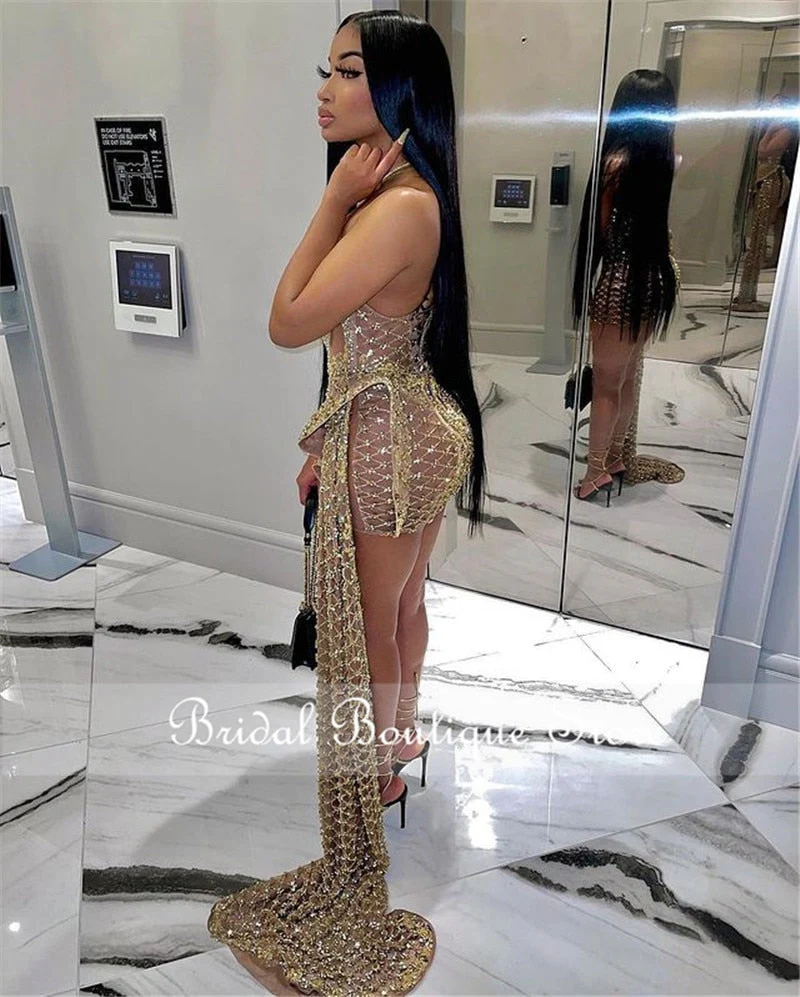 DEANWANGKT New Fashion Sweetheart See Through Gold Sequin Beading Sparkly African Black Girls Short Prom Dresses - Deanwangkt