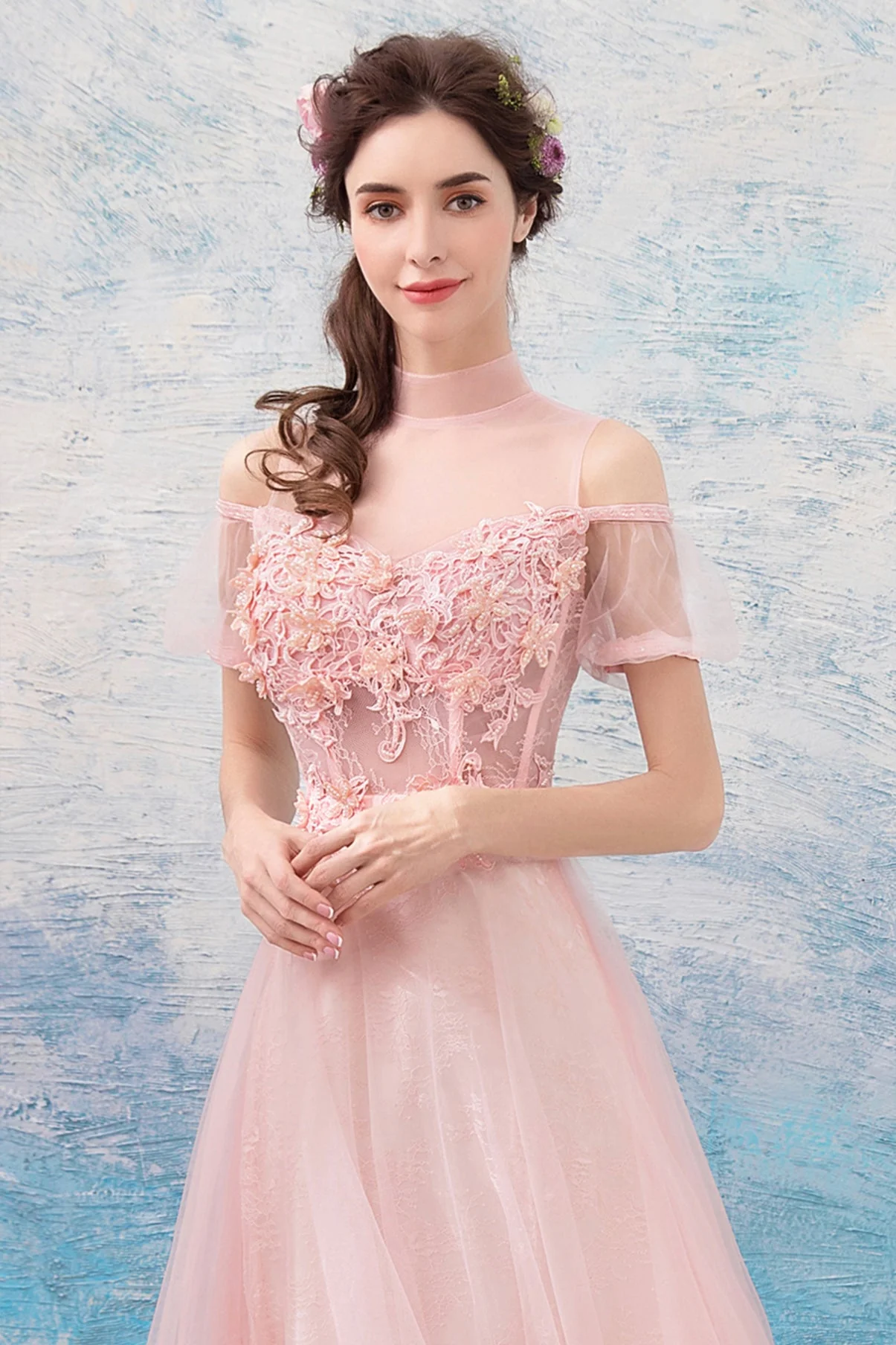solvbao Pink Lace Long A-Line Prom Dresses, Lovely Pink Evening Dresses - Deanwangkt