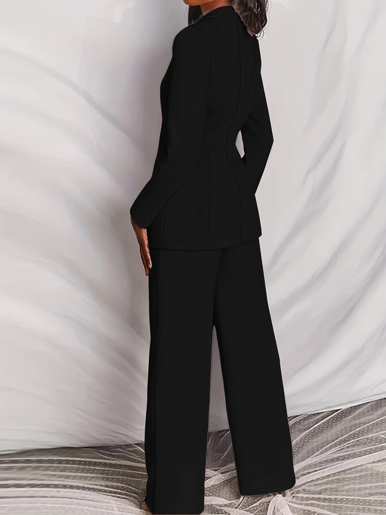 deanwangkt Plus Size Casual Suit Set, Women's Plus Solid Long Sleeve Single Breast Button Lapel Collar Suit Coat & Wide Leg Pants Suit Two Piece Set - Deanwangkt