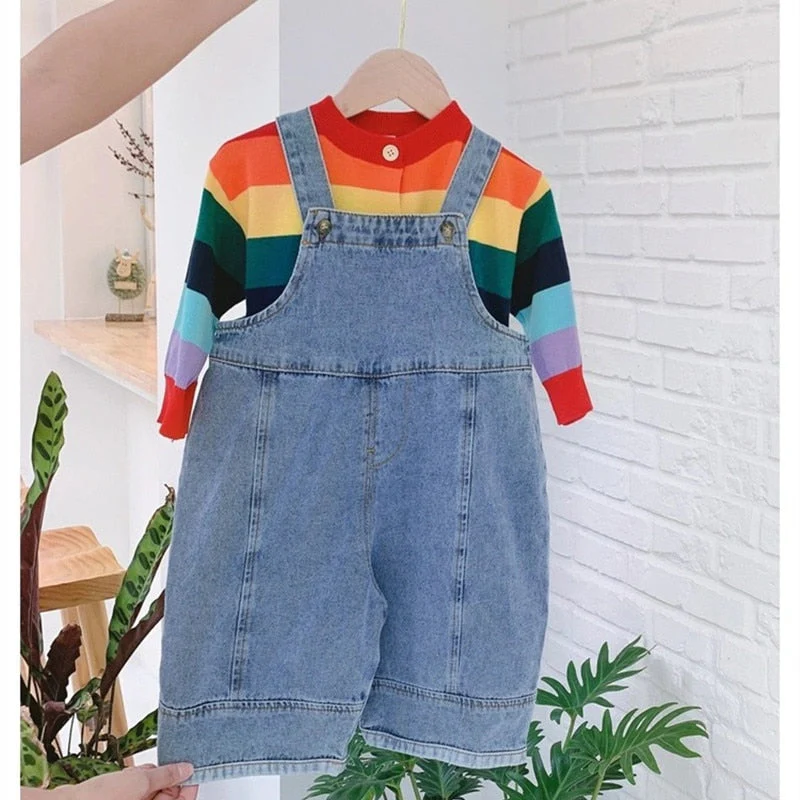 deanwangkt  New Children Loose Overalls boys girls casual all-match denim Trousers Autumn Solid Outwear 1-7Y Kids fashion bib pants - Deanwangkt