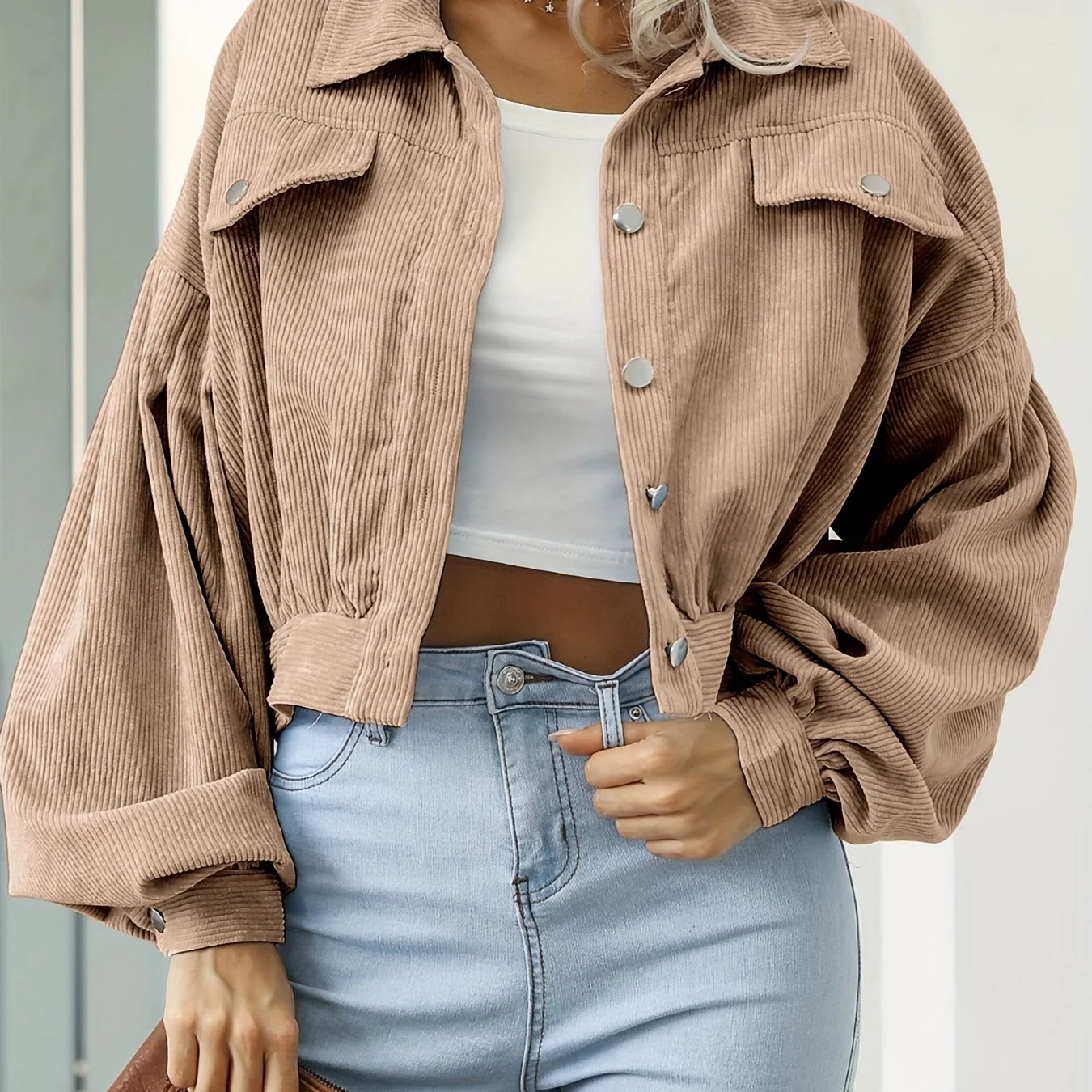 Casual Corduroy Crop Jacket, Lapel Lantern Long Sleeve Fashion Loose Crop Outerwear, Women's Clothing - Deanwangkt