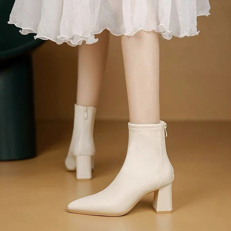 deanwangkt Autumn Women's Leather Boots High Heels Winter Woman White Elastic Thin Boots Shoes Pointed Thick Heel Dress Short Ankle B - Deanwangkt