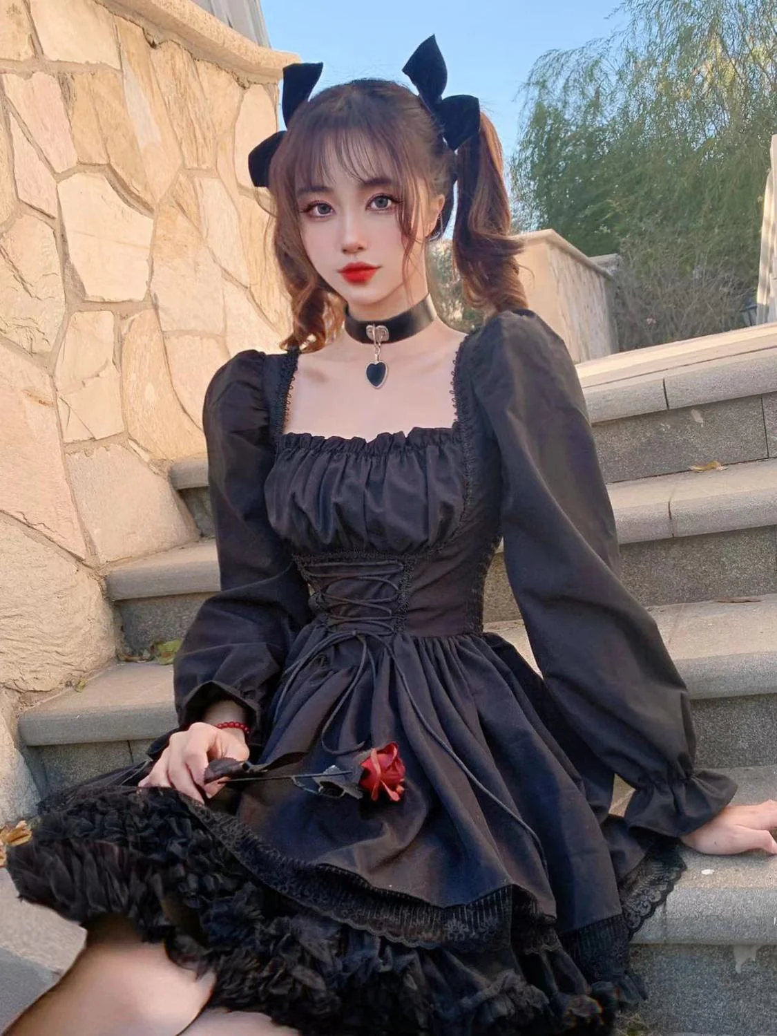 deanwangkt White Lolita Dress Kawaii Vinatge Long Sleeve Mini Dresses Black Gothic Bandage Lace Patchwork Streetwear Square Collar - Deanwangkt