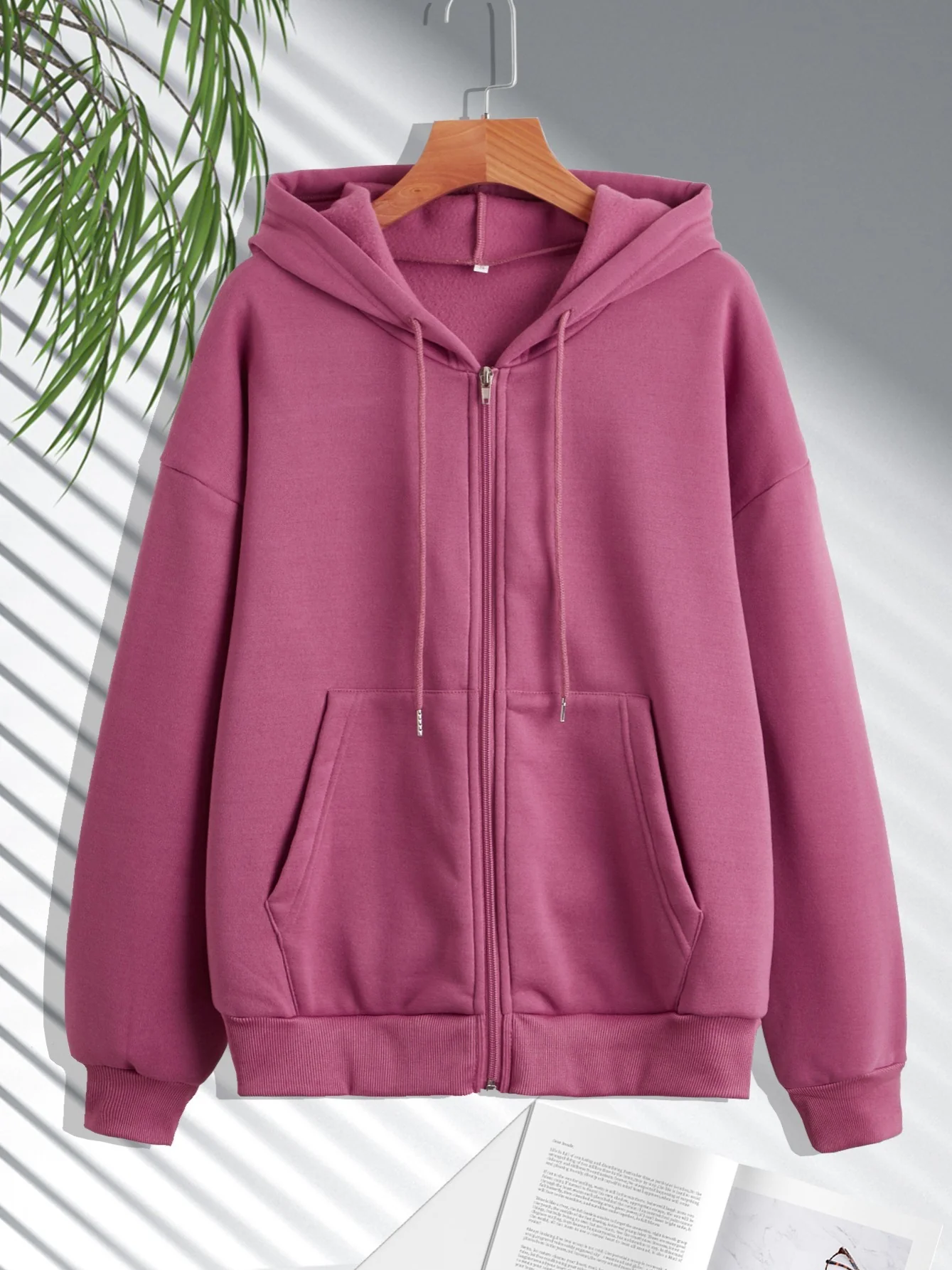 Women's Zip Up Casual Hoodie Solid Sweatshirt, Fashion Fall Long Sleeve Drawstring Hoodie - Deanwangkt