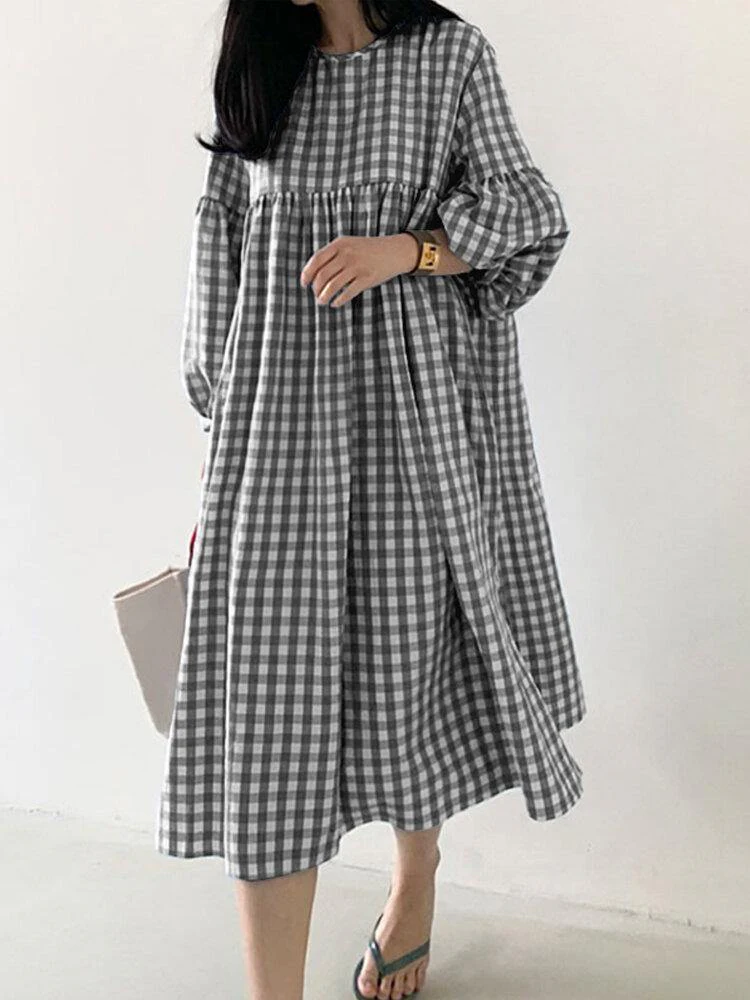 deanwangkt Women's Casual Plaid Midi Dress with Bohemian Puff Sleeves - Deanwangkt