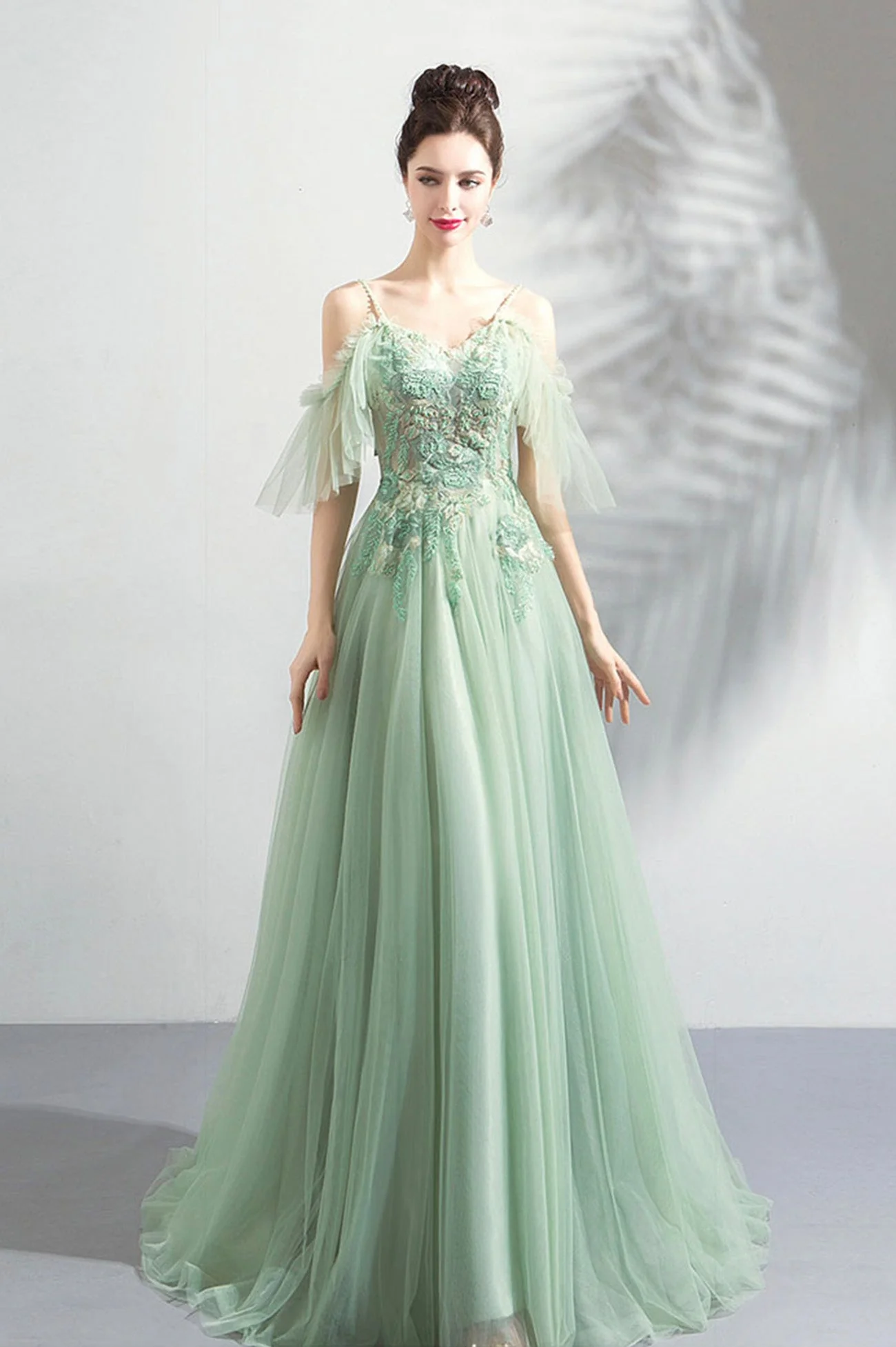 solvbao Green Lace Floor Length Prom Dresses, A-Line Off the Shoulder Evening Dresses - Deanwangkt