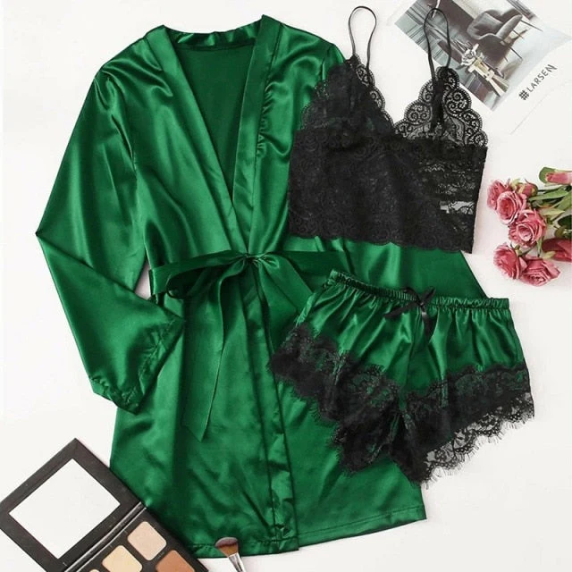 deanwangkt Long sleeve Womens Pajamas Sexy Lace Lingerie Nightwear Underwear Sleepwear 3PC Suit Pajama Sets For Women Pijama Mujer - Deanwangkt