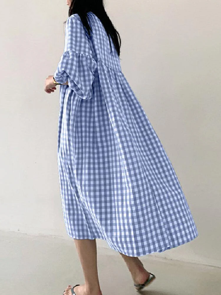 deanwangkt Women's Casual Plaid Midi Dress with Bohemian Puff Sleeves - Deanwangkt