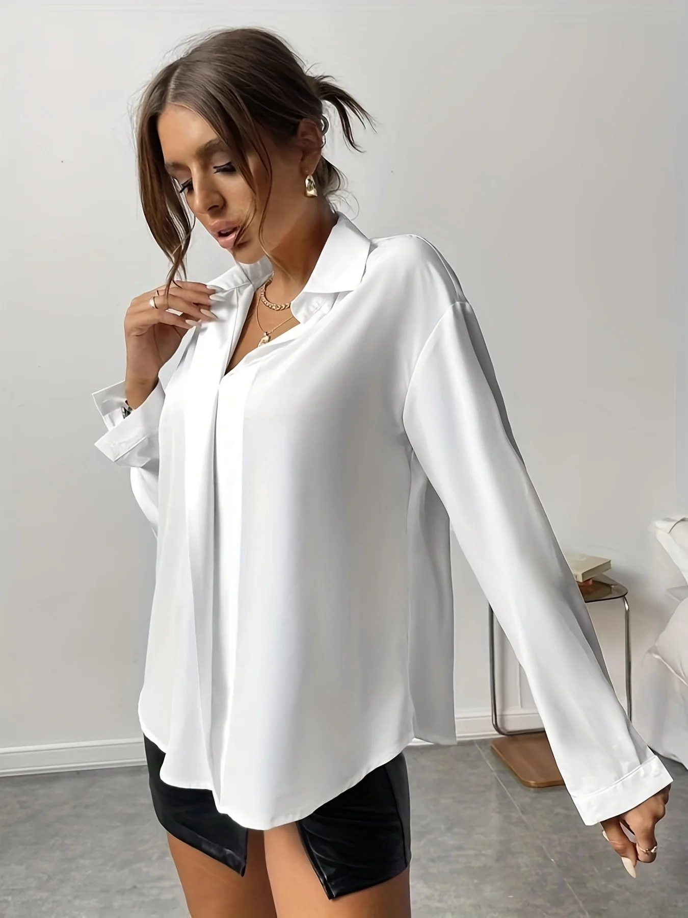 Solid Turndown Collar Blouse, Casual Long Sleeve Blouse For Spring & Fall, Women's Clothing - Deanwangkt