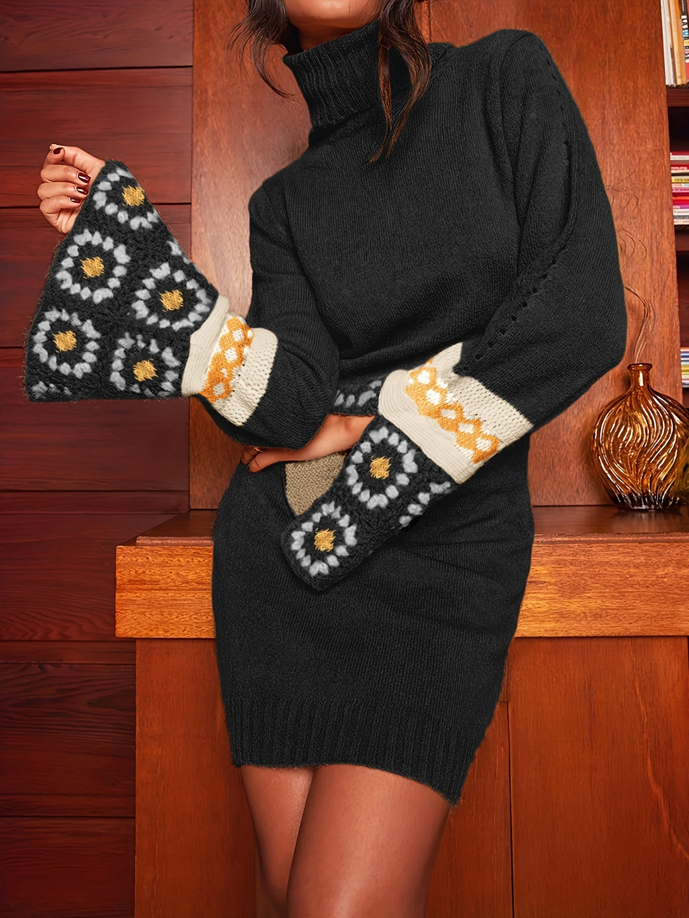 Hippie Patchwork Turtleneck Knitted Sweater Dress, Casual Flared Cuff Long Sleeve Dress, Women's Clothing - Deanwangkt
