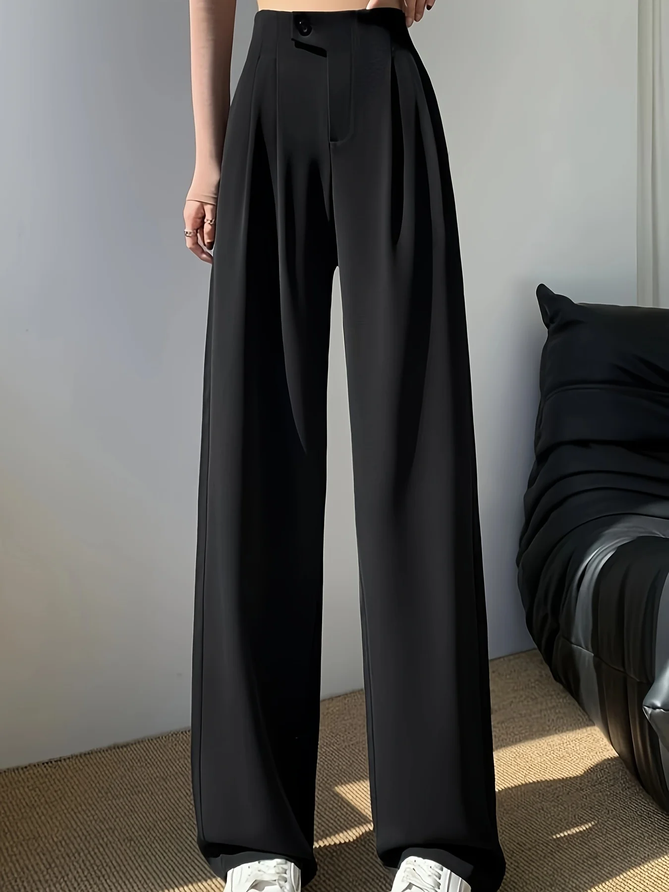 deanwangkt Solid High Waist Pants, Casual Wide Leg Button Pants, Women's Clothing - Deanwangkt