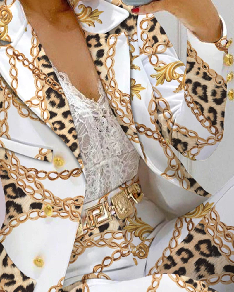 deanwangkt Autumn Women 2 Pieces Chain Print Blazer Coat & Pants Suit Sets Without Belt  Femme Jacket & Trousers Office Lady Outfits - Deanwangkt