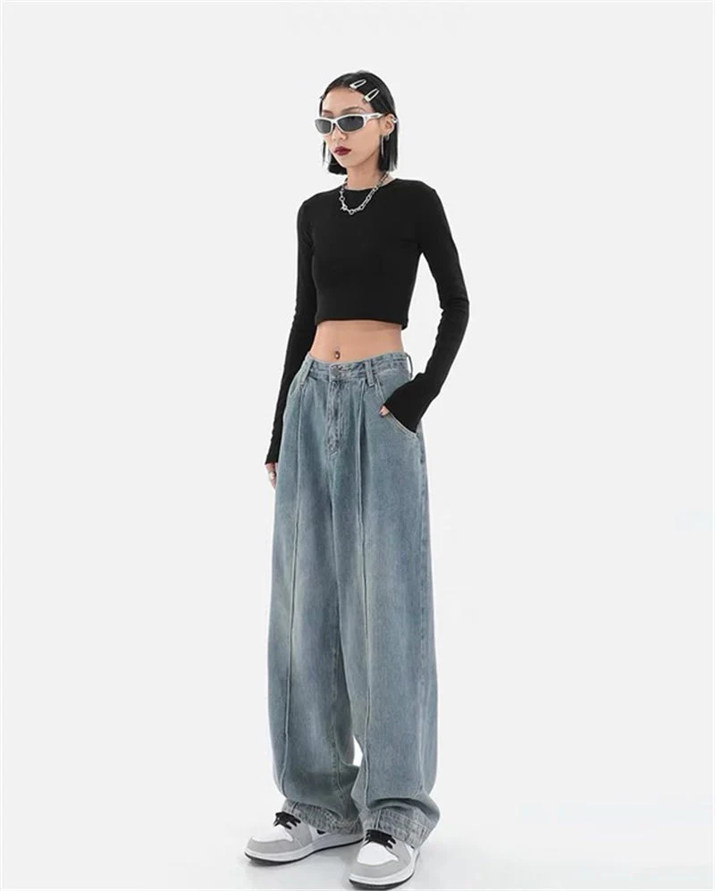 deanwangkt Summer Fashion Women Harajuku Jeans Wide Leg All-Match Loose Casual Wash Denim Pants Baggy High Street Long Trousers Tide - Deanwangkt
