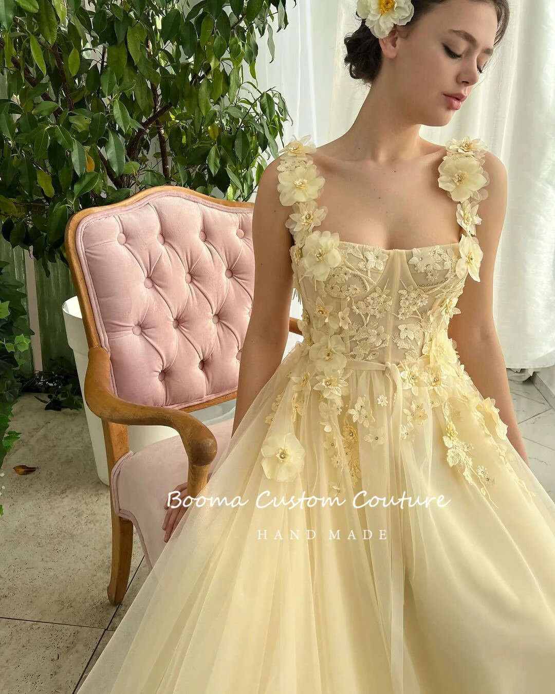 Light Yellow Tulle Maxi Prom Dresses Spaghetti Straps Flowers Appliques A-Line Wedding Party Dresses Formal Evening Gowns - Deanwangkt