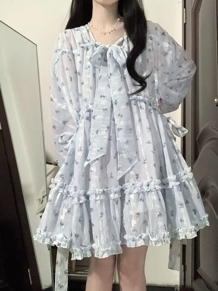deanwangkt Fairycore Cute Floral Blue Lolita Dress Women Kawaii Japanese Style Sweet Ruffles Long Puff Sleeve Mini Dresses Autumn - Deanwangkt