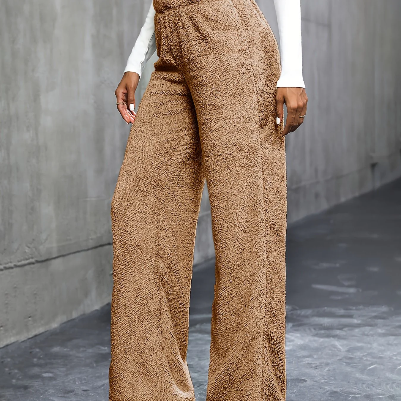 deanwangkt-1 Solid Plush Straight Leg Pants, Casual High Waist Pants, Women's Clothing - Deanwangkt