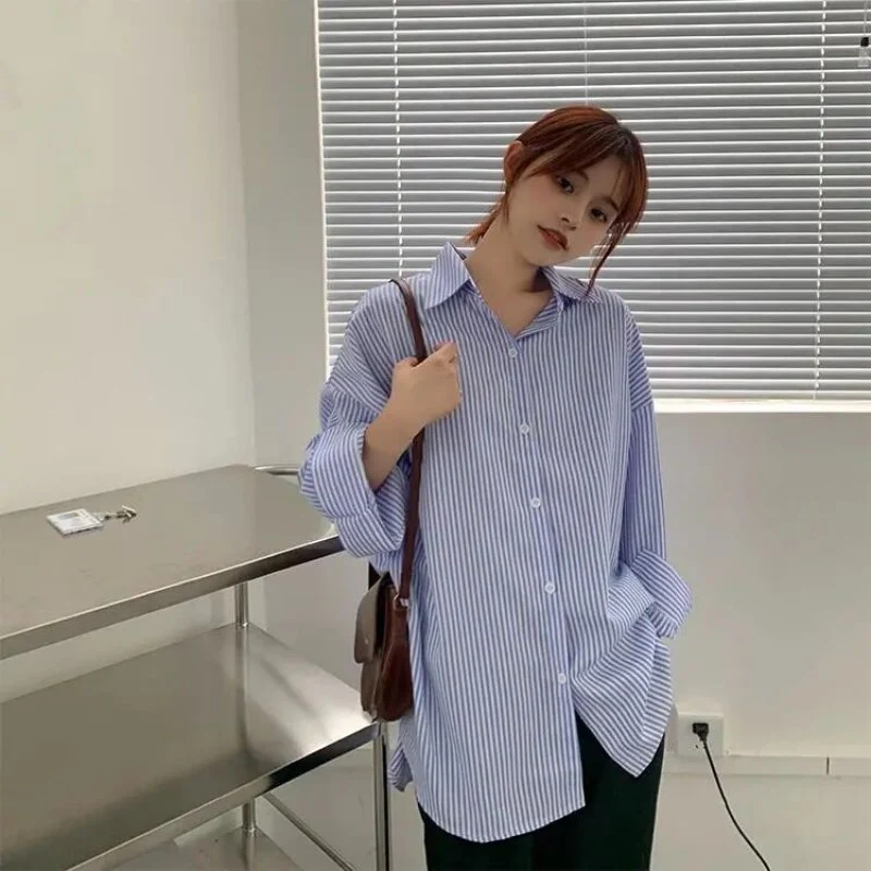 deanwangkt Blouses Shirts Women Blue Striped Elegant Loose Large Size Chic Fashion Scarf Collar New Leisure Womens Shirt Oversized - Deanwangkt