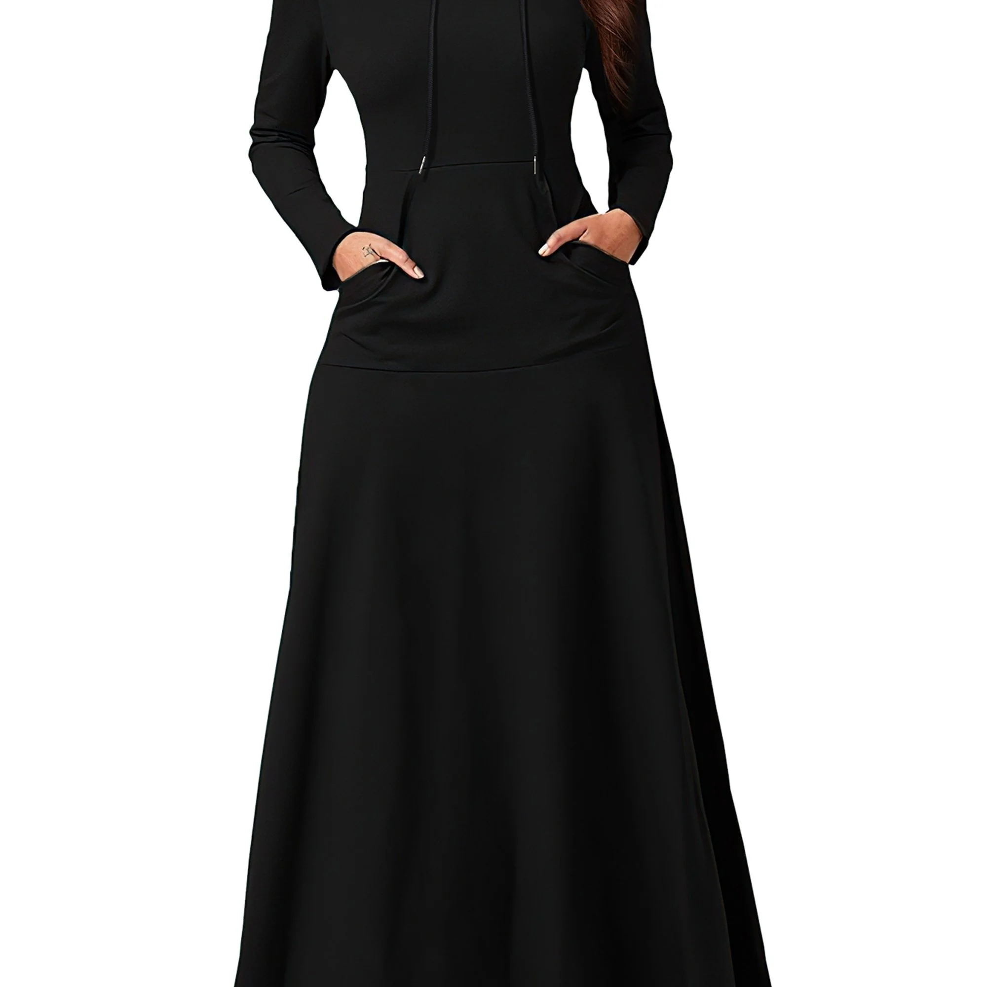 deanwangkt-1  Pocket Front Drawstring Hooded Dress, Casual Solid Long Sleeve Maxi Dress, Women's Clothing - Deanwangkt