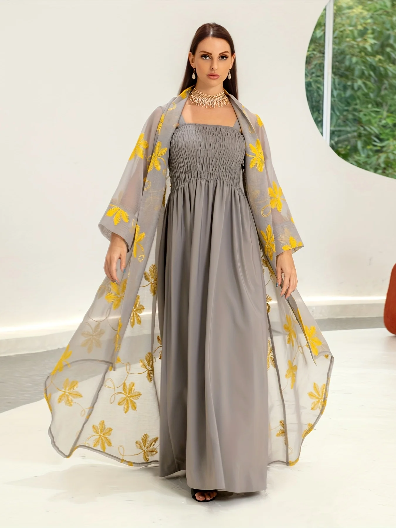 deanwangkt-1  Leaf Print Two-piece Dress Set, Shirred Tank Ankle Dress & Long Sleeve Irregular Hem Mesh Cardigan Outfits, Women's Clothing - Deanwangkt