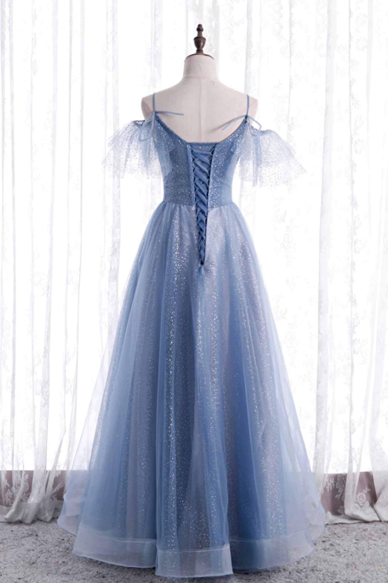 solvbao Blue Tulle Long A-Line Prom Dresses, Blue Spaghetti Strap Evening Dresses - Deanwangkt