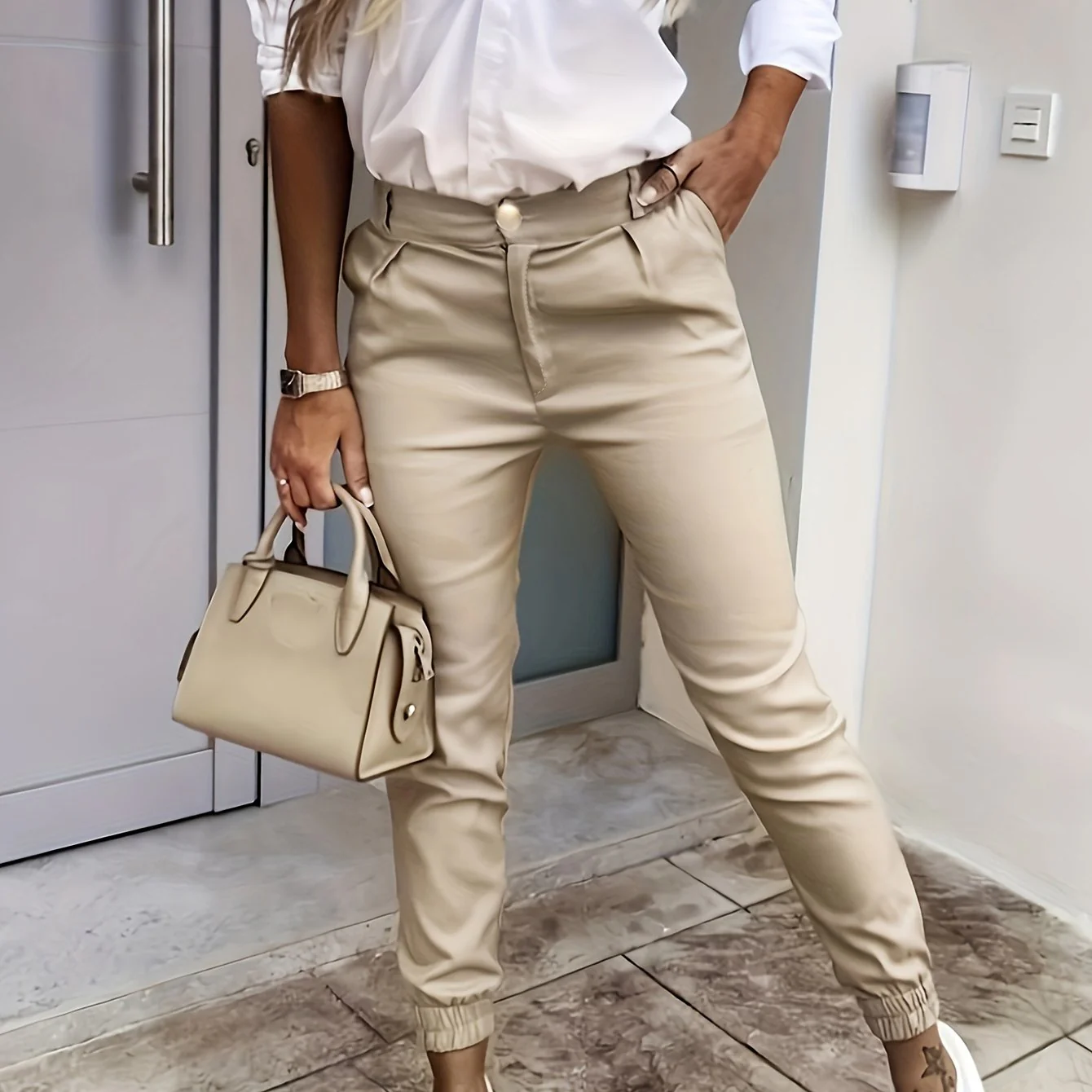 deanwangkt-1  Slant Pocket Shirred Tapered Pants, Casual Slim Pants For Spring & Fall, Women's Clothing - Deanwangkt