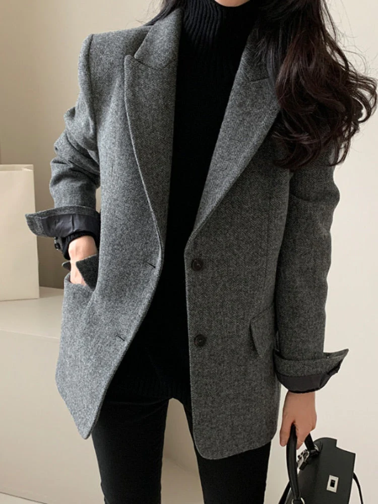 deanwangkt Woolen Jackets Thick and Warm Korean Fashion Heavy Jackets High-end Versatile New Autumn and Winter Black Tweed Suit Women Coat - Deanwangkt