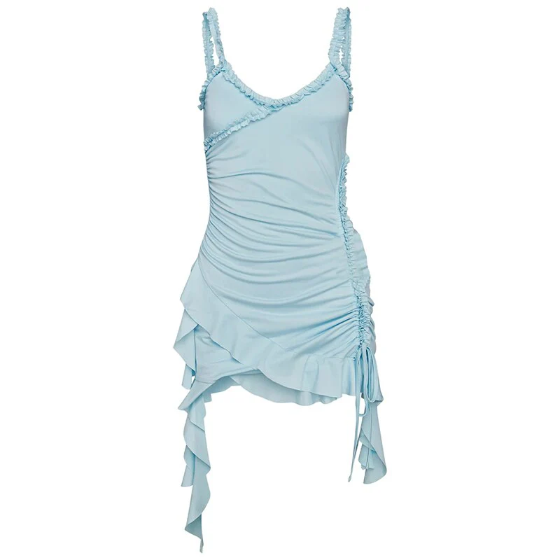 Joskka Backless Ruffles Drawstring Women Dress Blue Spaghetti Strap Ruched Dress Female Summer Skinny Elegant Party Club - Deanwangkt