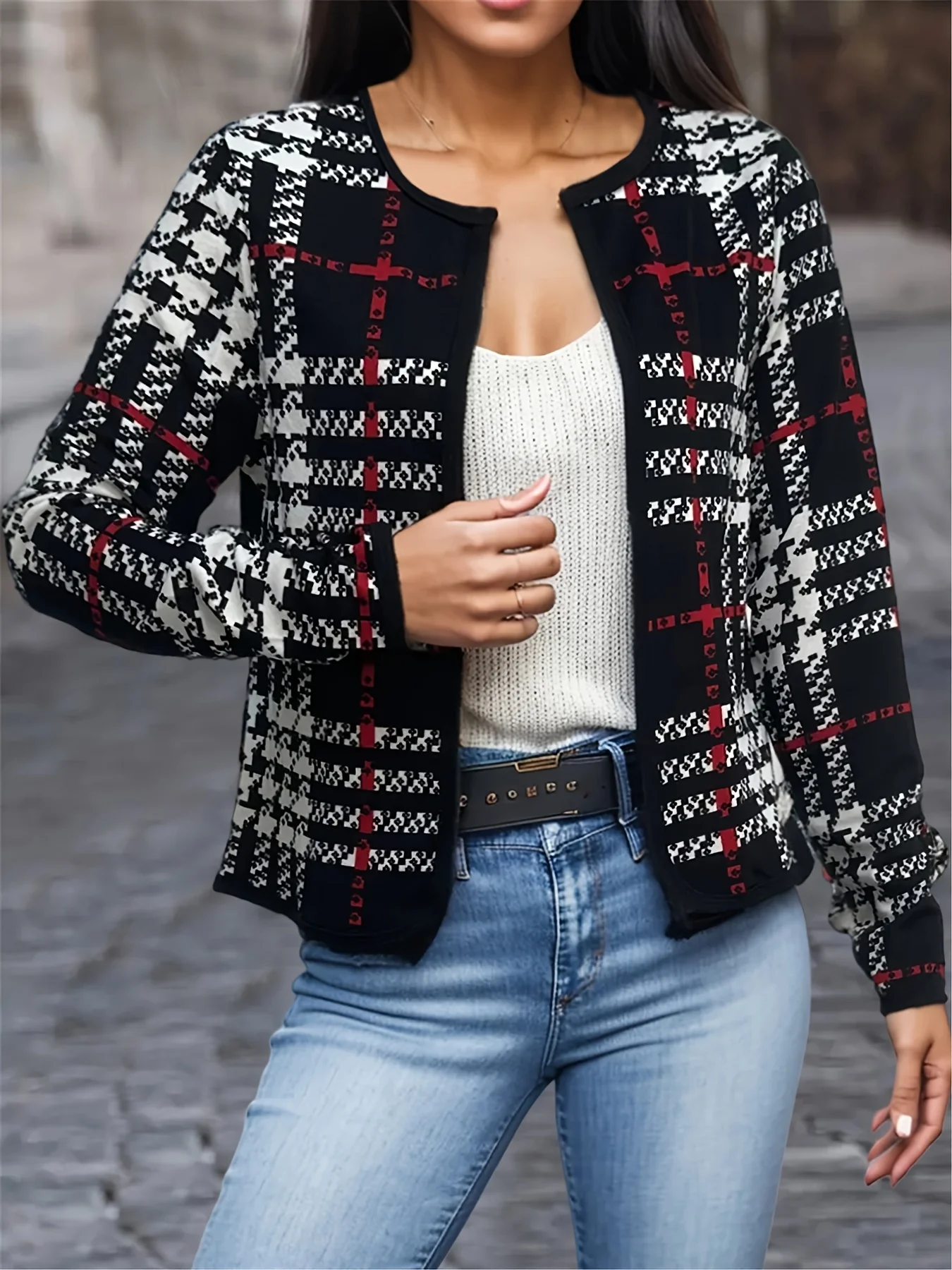 Plaid Open Front Jacket, Casual Contrast Trim Jacket For Spring & Fall, Women's Clothing - Deanwangkt