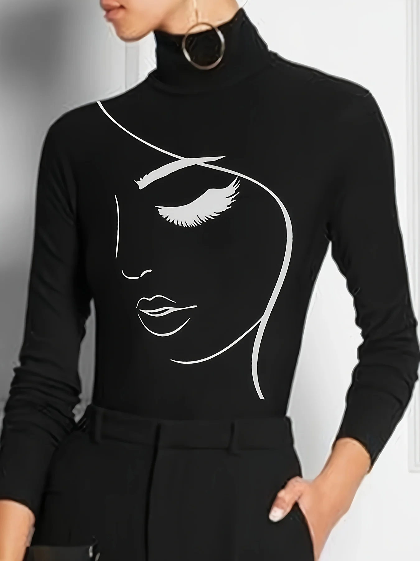 Abstract Print Turtleneck T-Shirt, Casual Long Sleeve Top For Spring & Fall, Women's Clothing - Deanwangkt