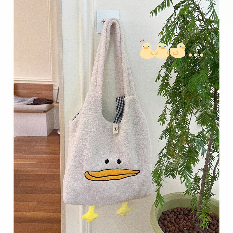 deanwangkt Kawaii Tote Bag Women Cartoon Duck Embroidery Plush Handbags and Purses Soft Imitation Lamb Hair Shoulder Bag For Women Bolsas - Deanwangkt
