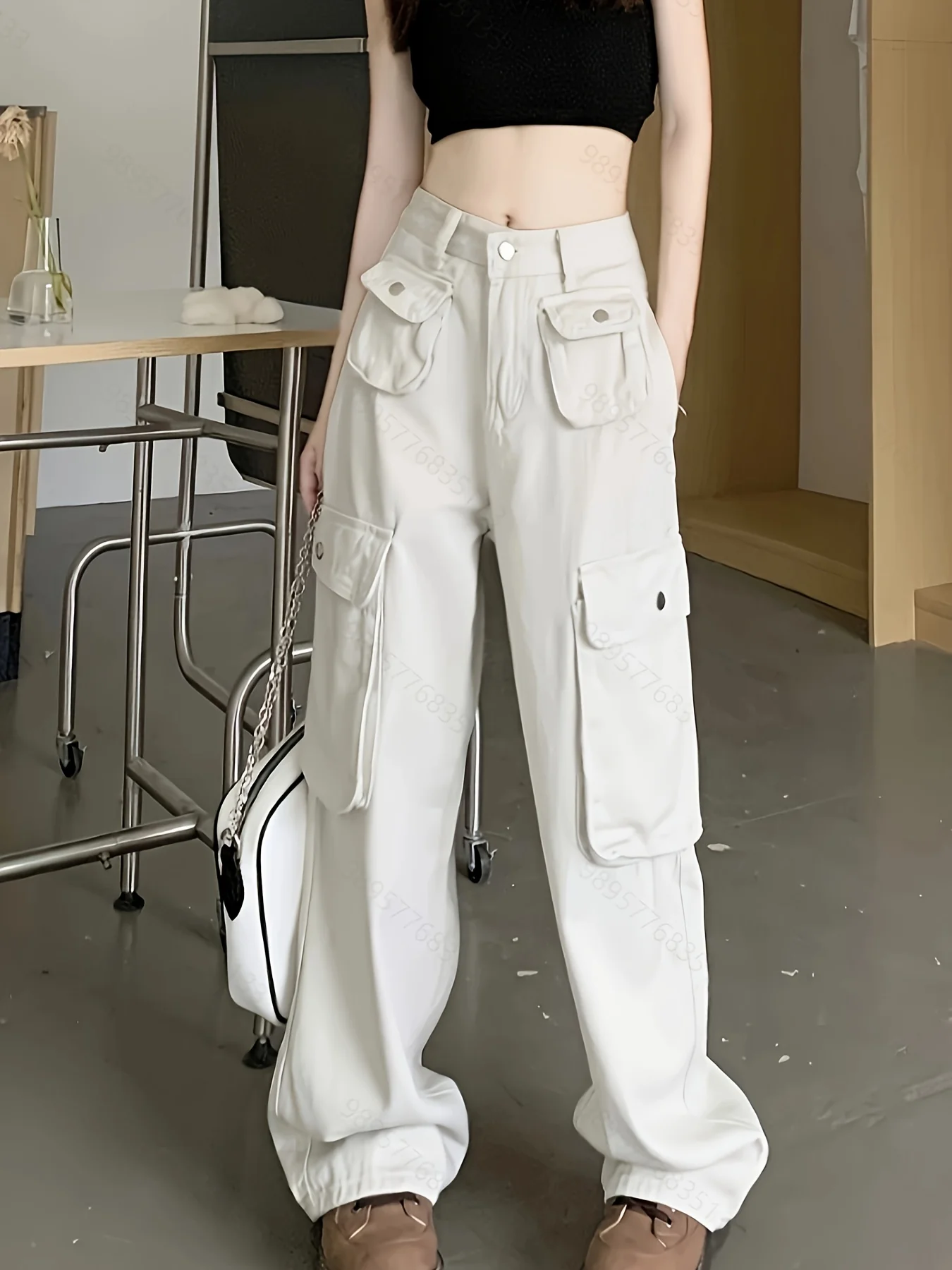 deanwangkt  Flap Pockets Chic Cargo Pants, Loose Fit Y2K & Kpop Style Straight Jeans, Women's Denim Jeans & Clothing - Deanwangkt