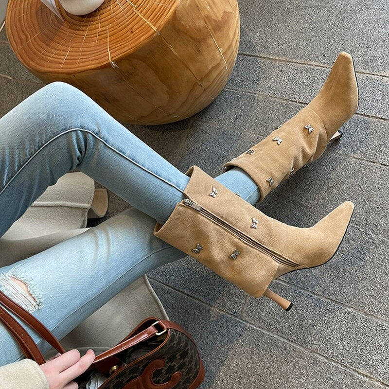 deanwangkt Autumn Shoes     Autumn Boots Women Cow Suede Leather Shoes for Women Square Toe Trouser Boots Bow-knot Thin Heel Shoes Black Western Boots - Deanwangkt