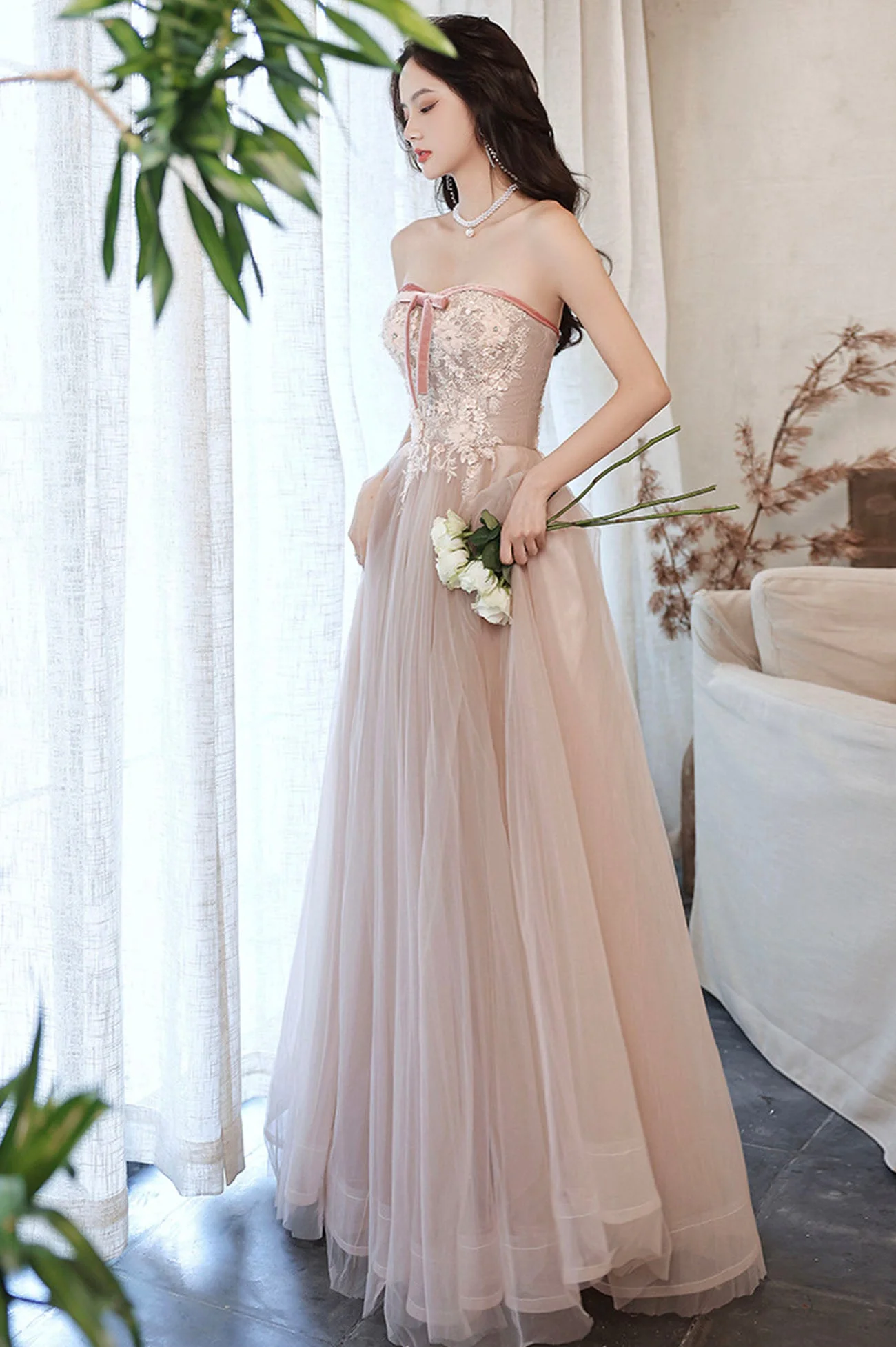 solvbao Pink Strapless Lace Long Prom Dresses, A-Line Evening Dresses - Deanwangkt