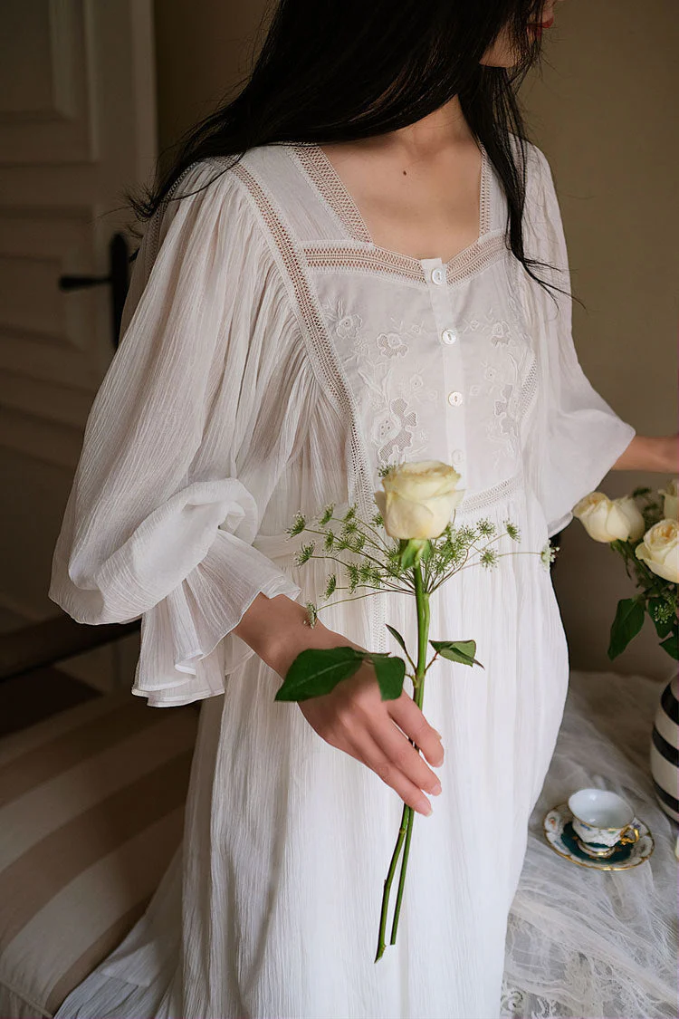 Hanxiuju Delicate Vintage Embroidery Cotton Women's Long Nightgowns Luxury Sleepwear Elegant Loose Nighty Spring Autumn Dress - Deanwangkt