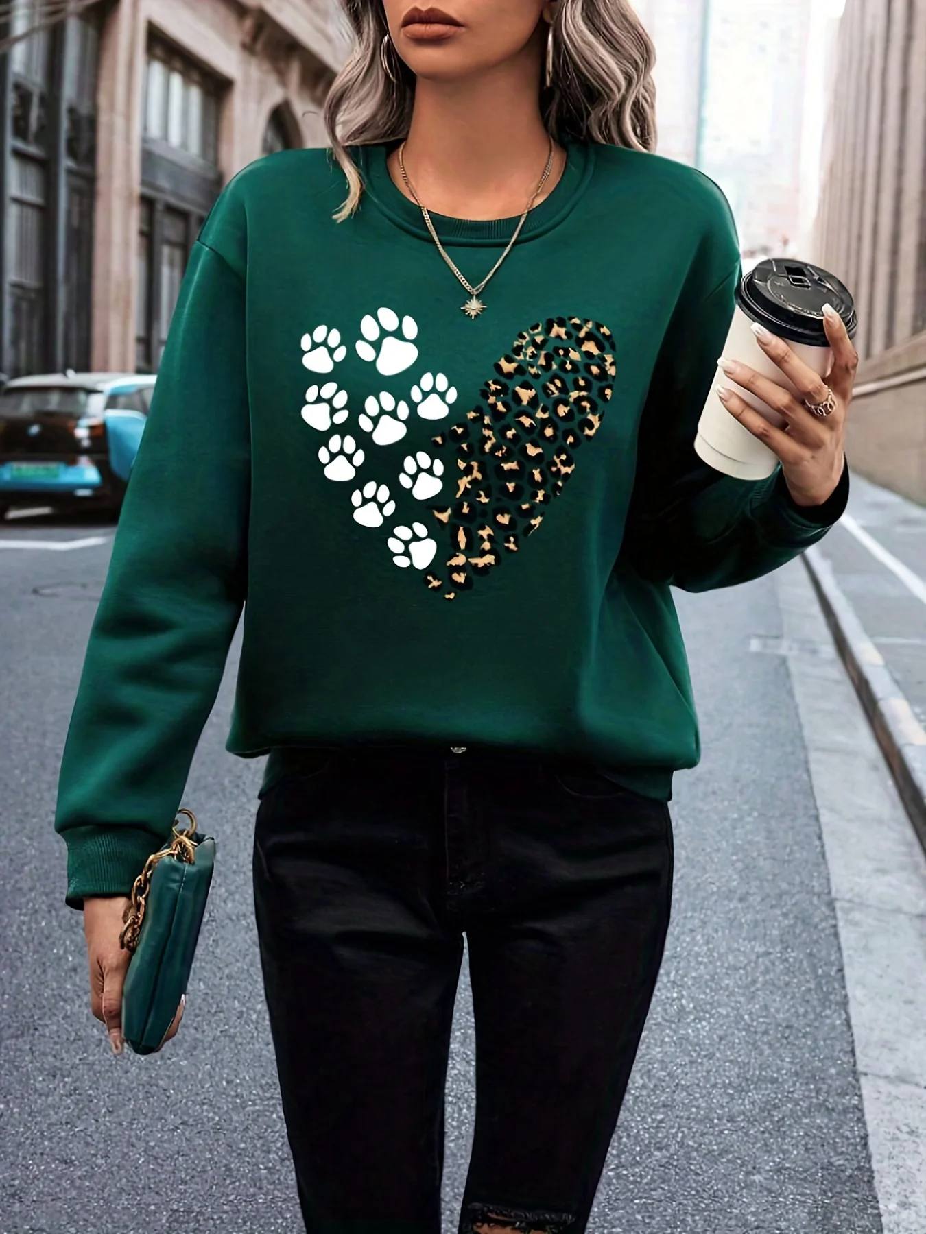 deanwangkt Leopard & Paw Print Pullover Sweatshirt, Casual Long Sleeve Crew Neck Sweatshirt For Fall & Winter, Women's Clothing - Deanwangkt